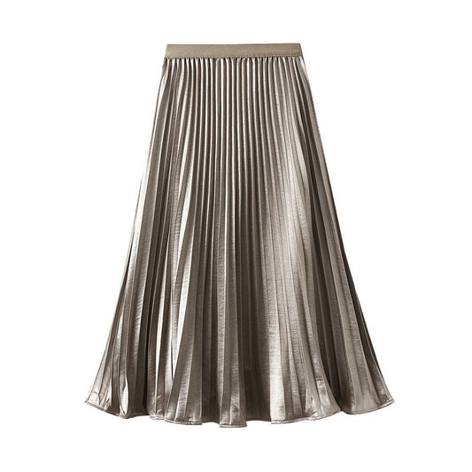Thin Glittering Pearlescent Pleated Puffy Skirt for Women Autumn Elegant Drape Organ Pleated