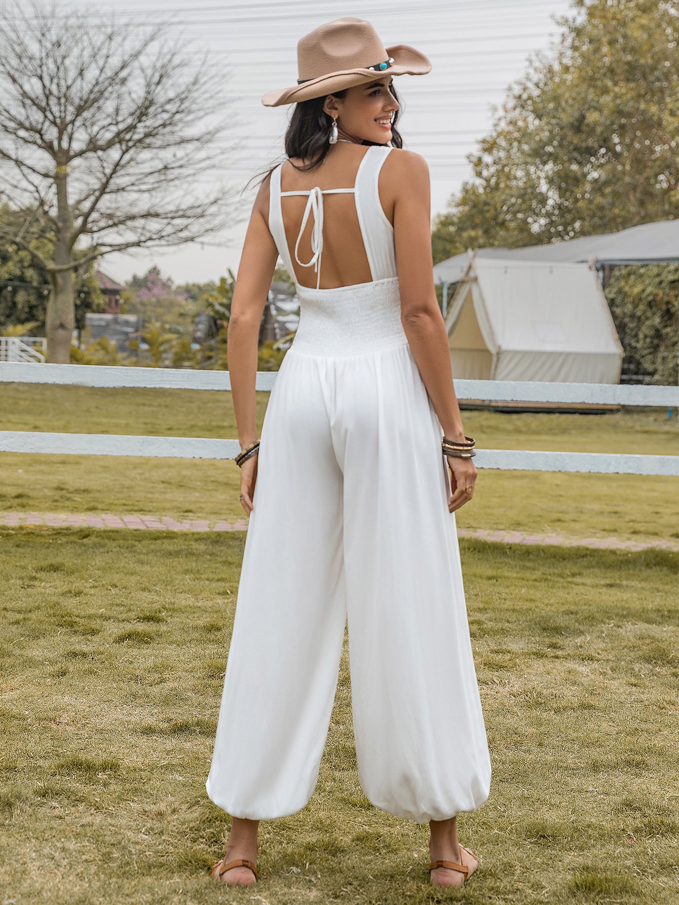 Bell Bottom Pants Drawstring Spaghetti Straps Sleeveless Hollow Out Cutout High Waist Sexy Women Jumpsuits