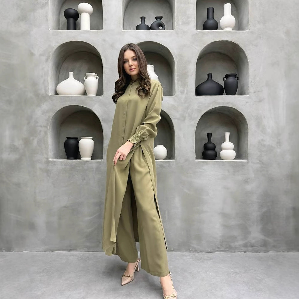 Women Clothing Multi Button Long Sleeve Split Stand Collar Shirt Casual Straight Pants Two Piece Set