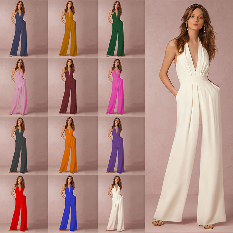 Spring Autumn Creative Women Sexy Sleeveless Halter Pocket Loose Jumpsuit