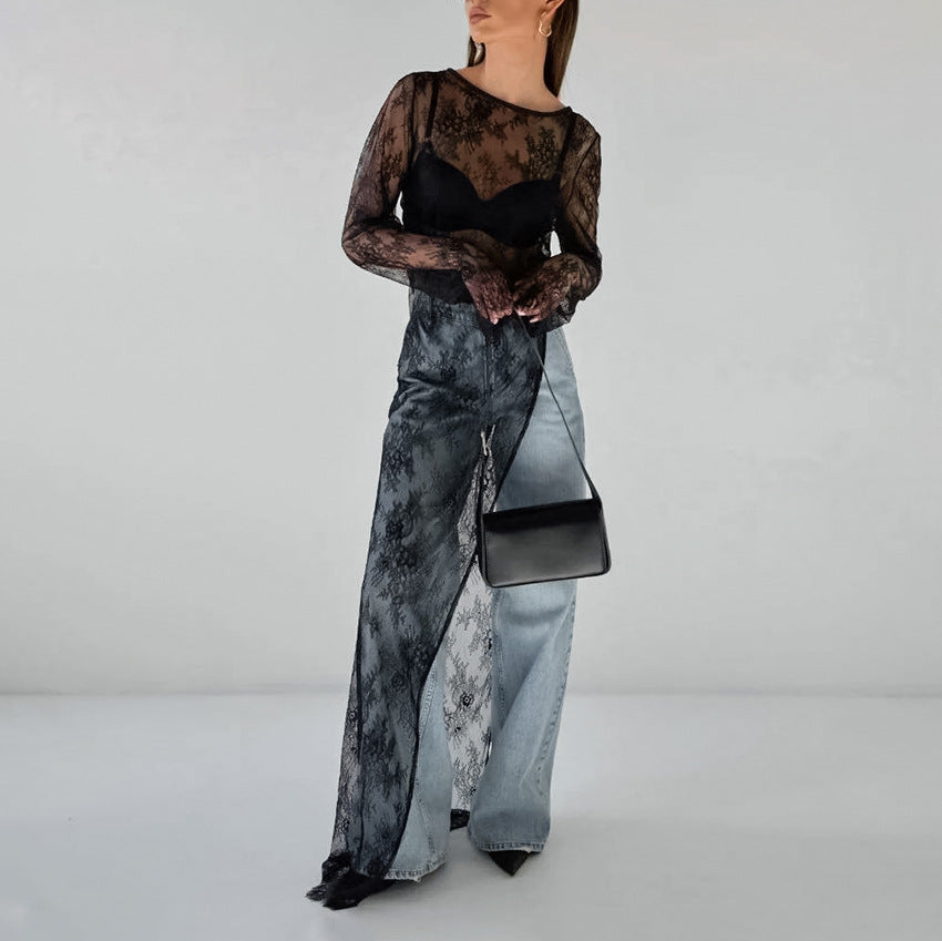 Sexy Black See through Dress Brocade Lace round Neck Long Sleeve Split Asymmetric Dress Summer All Matching Maxi Dress