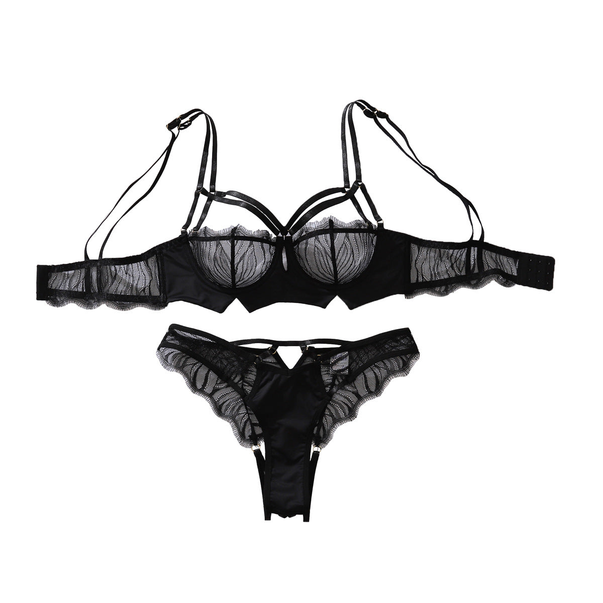 See through Eyelash Embroidery Hollow Out Cutout Body Shaping Sexy Double Shoulder Strap Underwear Split Set