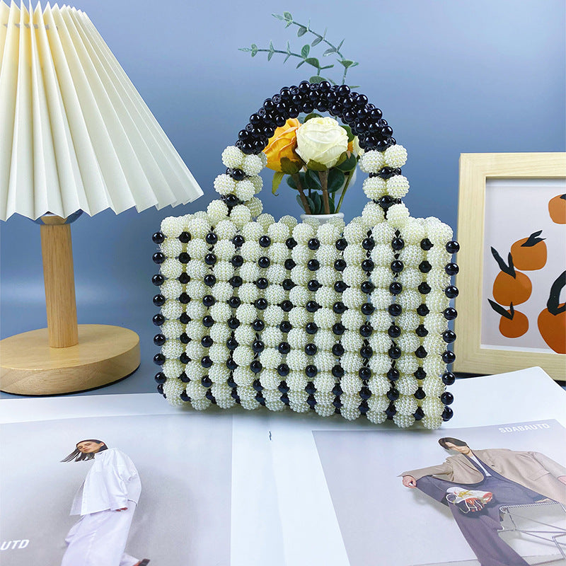 Niche Advanced Design Contrast Color Waxberry Pearl Grace Handbag Retro Casual Dinner Small Square Bag