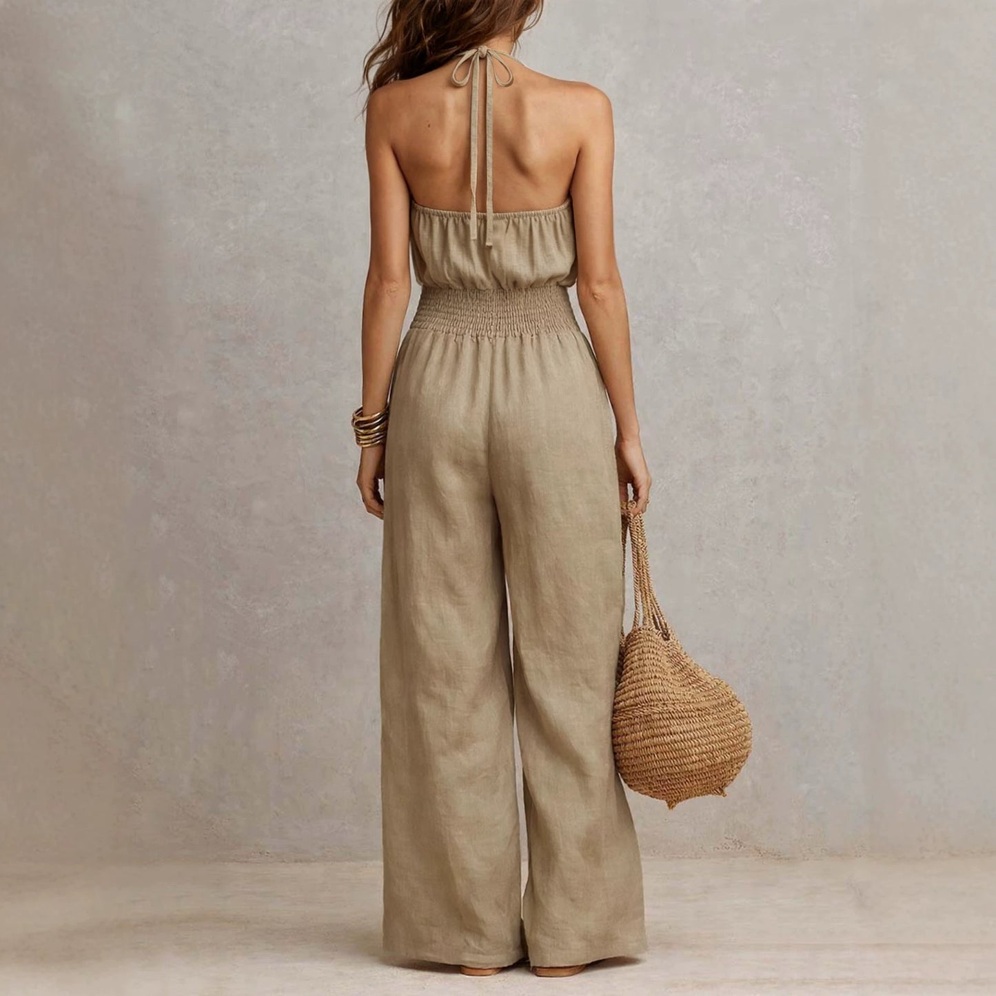 Bohemian Halter Jumpsuit Smocking Waist Slim Backless Wide Leg Vacation Jumpsuit