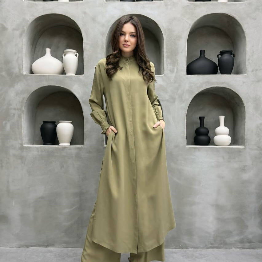 Women Clothing Multi Button Long Sleeve Split Stand Collar Shirt Casual Straight Pants Two Piece Set