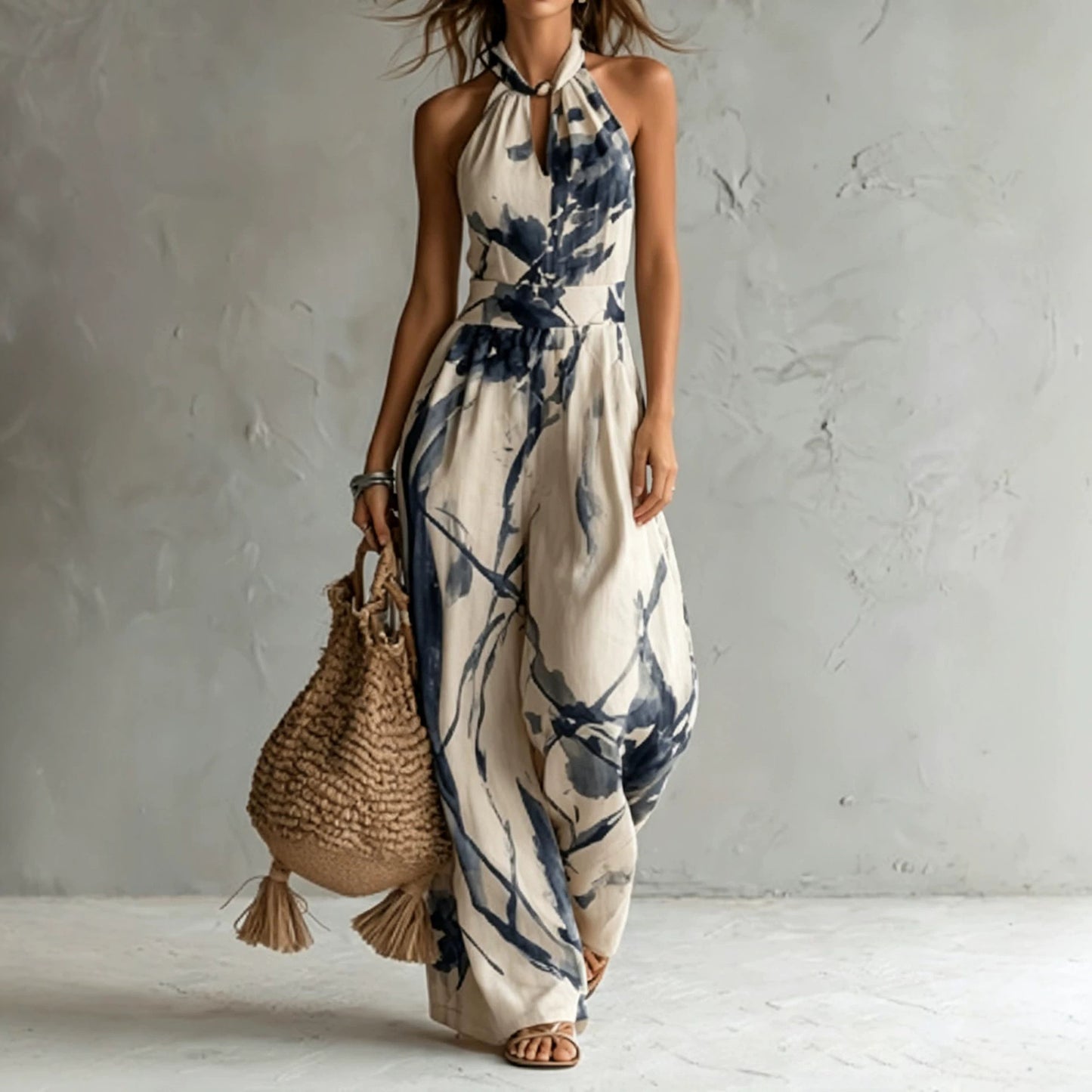 Ink Printing Wide Leg Pocket Jumpsuit Casual Sleeveless Halter Tied Jumpsuit