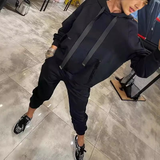 Casual Sequin Pocket Sports Hooded Sweatshirt Sweatpants Suit