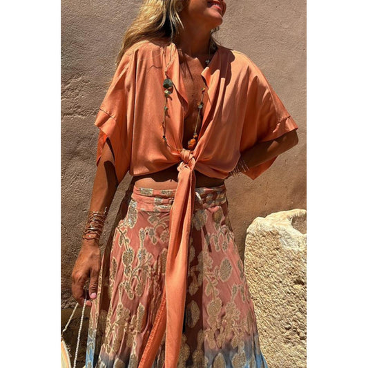 Spring Summer Lace up Vacation Multi-Color Top Casual Loose Batwing Sleeve Cardigan for Women