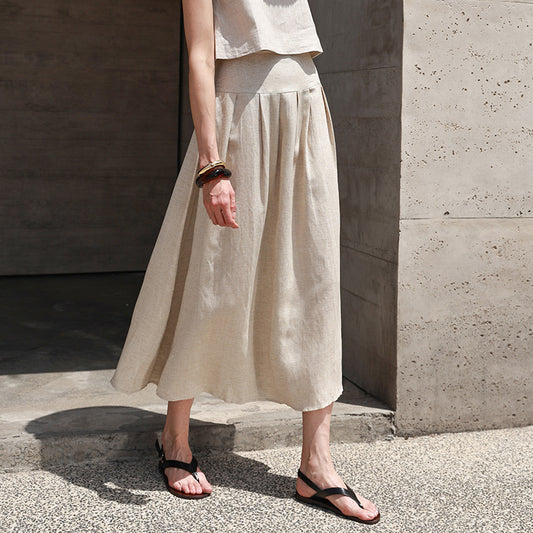 Linen Umbrella Skirt Summer Waist Pleated Design Skirt Slimming Elegant Graceful Skirt Women