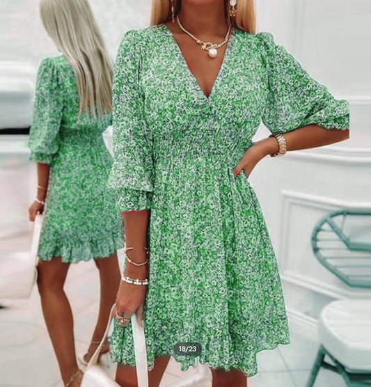 Summer Midi Dress V Neck Pullover Bohemian Floral Print Mid Length Sleeves Floral Dress