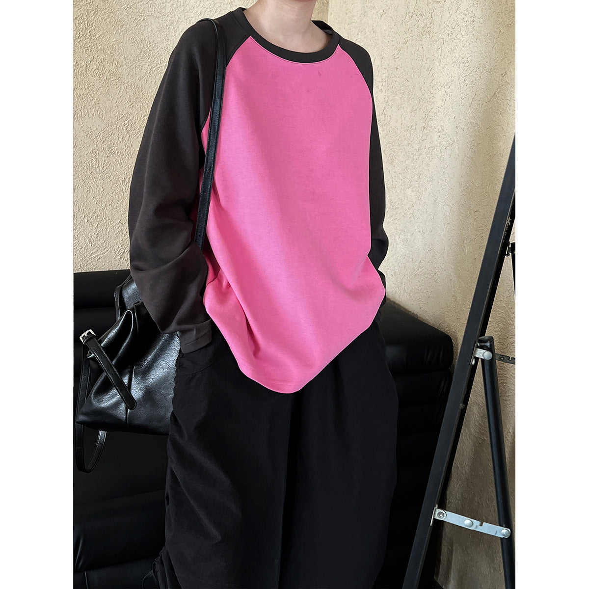 Retro Color Contrast Long Sleeve T Shirt Women Autumn Loose Sweatshirt Niche Top