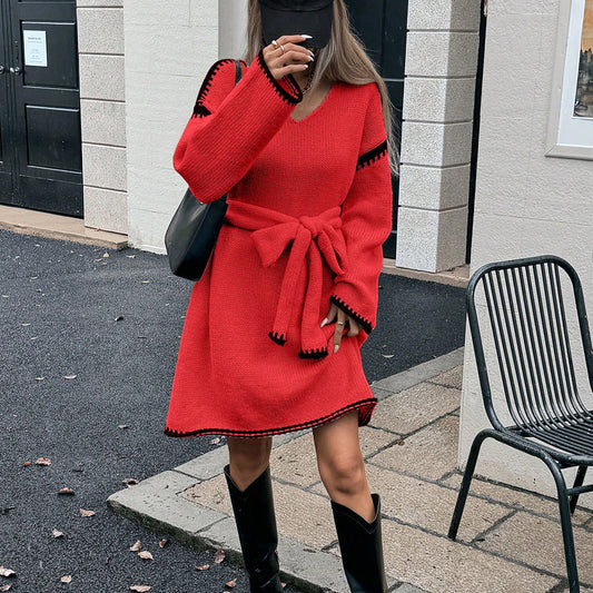 Idle Tie Waist Trimming Loose Knitted V neck Long Sleeve Fall Mid Length Dress Women