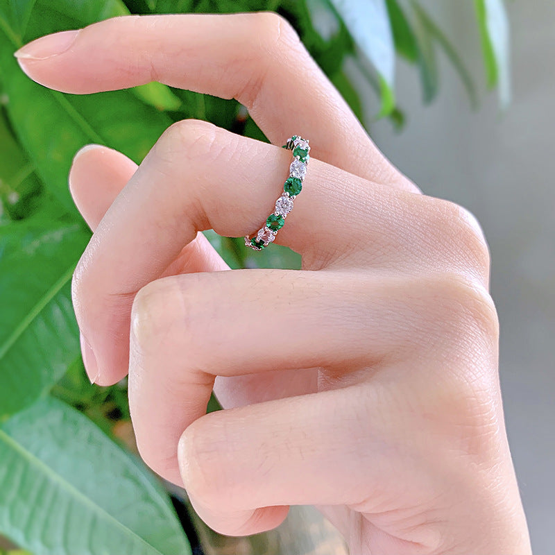 Jewelry S925 Silver Ring Zircon White Green Full Diamond Ring Women - Wanita Store