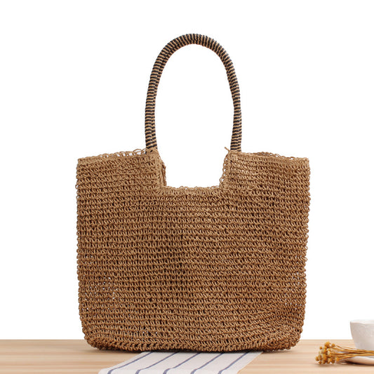 Solid Color Handmade Woven Bag Mori Simple One-Shoulder Straw Bag Summer Beach Bag