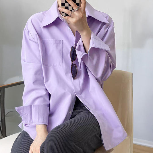 Women Clothing Autumn Winter Casual Vacation Button Solid Color Long Sleeved Shirt - Wanita Store