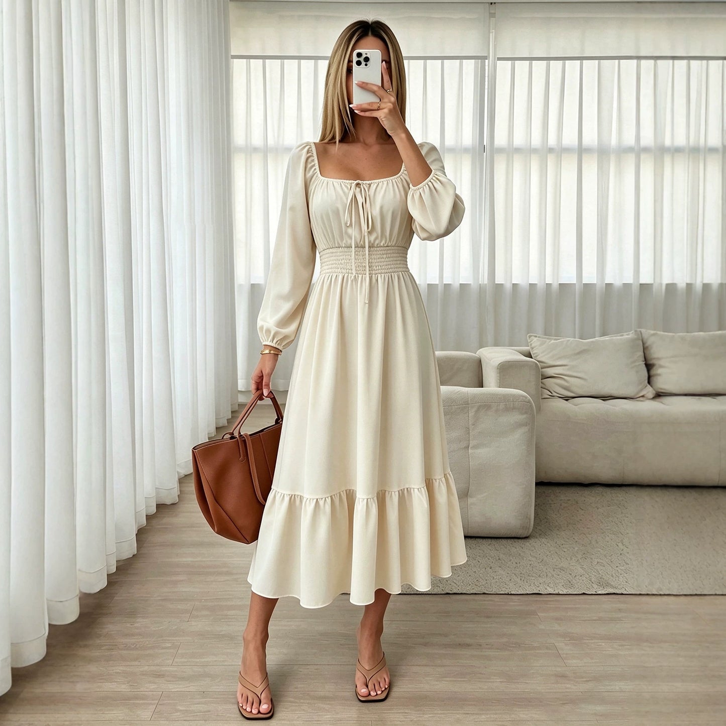 Square Collar Long Sleeve Dress Women Puff Sleeve Lace up Waist Controlled Slimming Ruffled Maxi Dress
