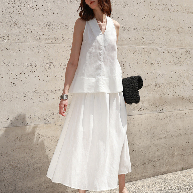 Linen Umbrella Skirt Summer Waist Pleated Design Skirt Slimming Elegant Graceful Skirt Women