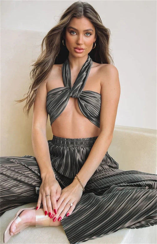 Spring Summer Pleated Sexy Suit Women Cropped Sleeveless Adjustable Vest Casual Pants Two Piece Set for Women