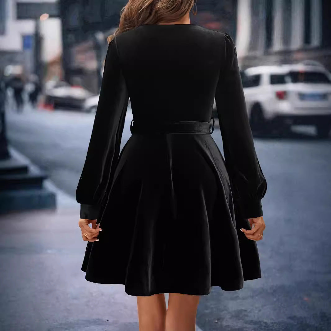Women Dress Elegant Velvet Square Collar Easy Matching Waisted Slim Fit Stretch Long Sleeve Short Dress