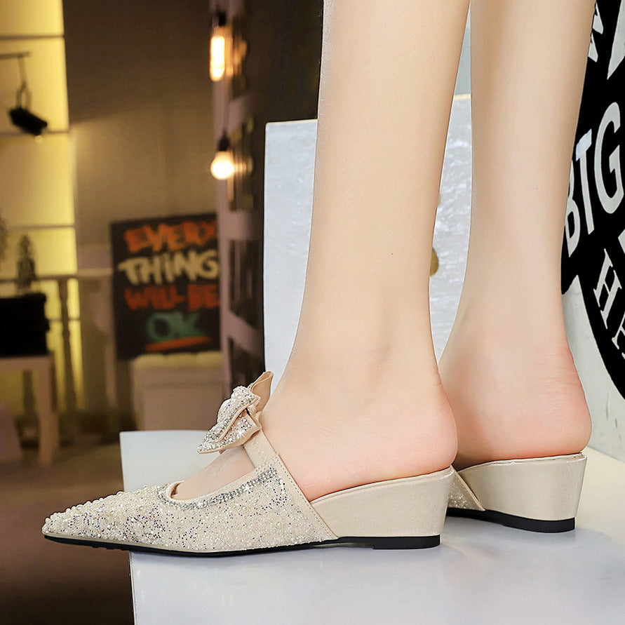 French Fairy Bow Pearl Rhinestone Closed Toe Slippers Women Outer Wear High Class Elegant Slip on Women Shoes