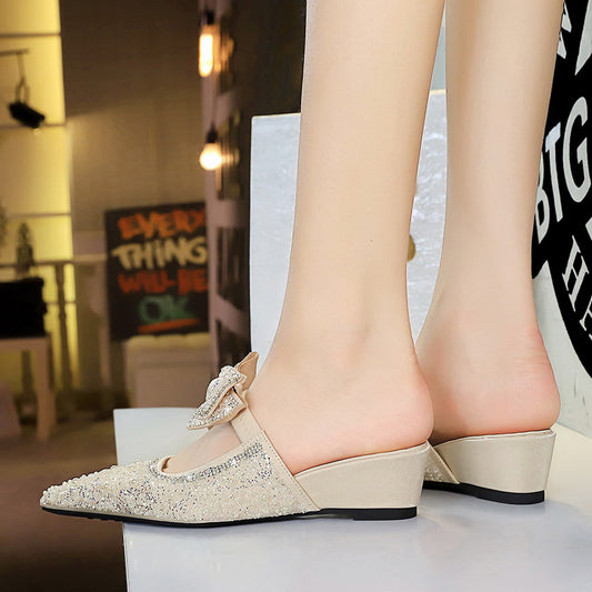 French Fairy Bow Pearl Rhinestone Closed Toe Slippers Women Outer Wear High Class Elegant Slip on Women Shoes