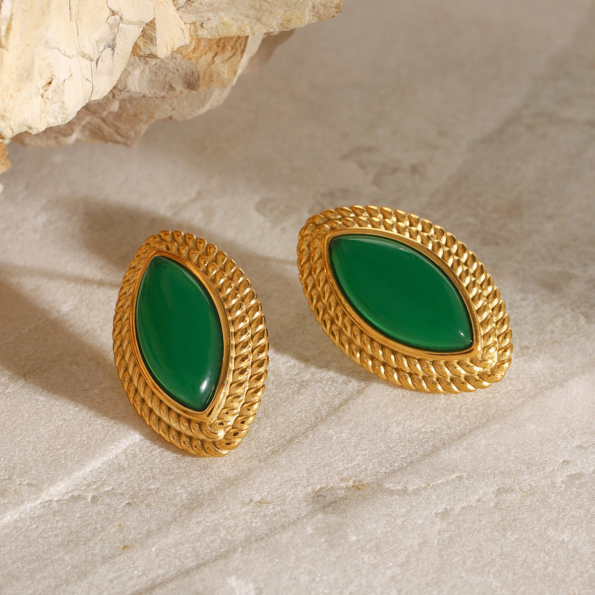 Stainless Steel Natural Stone Emerald Earrings High Grade Niche Middle Ancient Earrings Titanium Steel Earrings - Wanita Store
