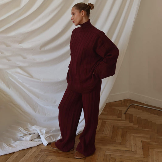 Turtleneck Knitting Autumn Winter Sunken Stripe Loose Fitting Comfortable Sweater Wide Leg Pants Two Piece Set