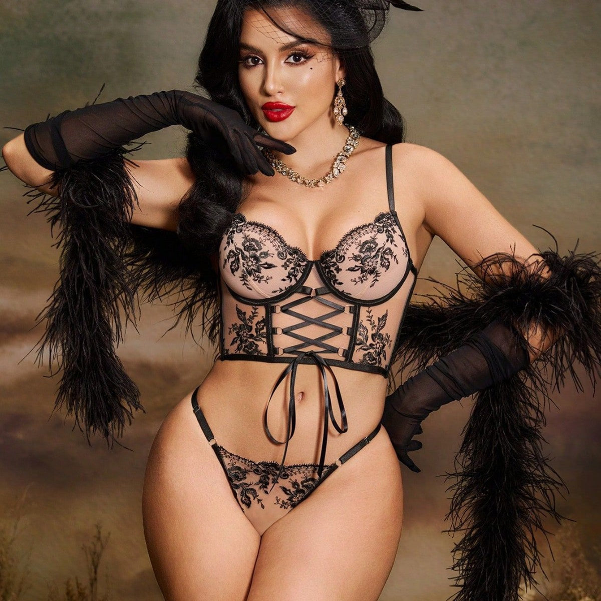 Sexy Lingerie Transparent Floral Embroidery Cross Lace up Bra T Back