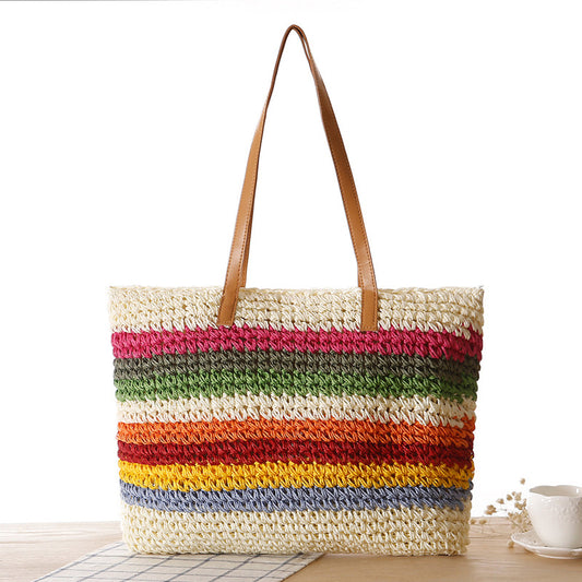 Rainbow Contrast Striped One-Shoulder Straw Bag Beach Bag Mori Women Bag Casual Bag