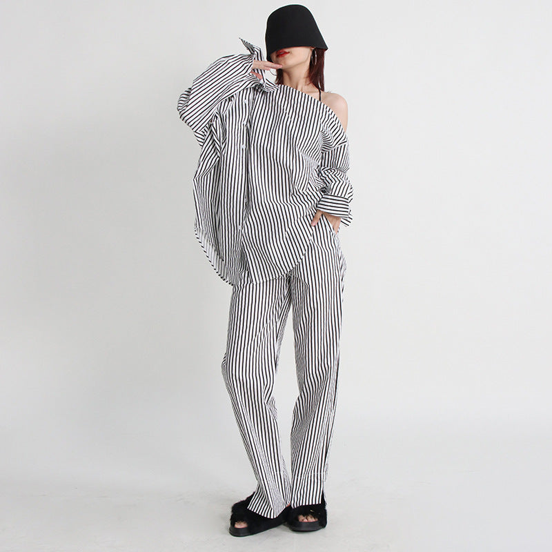 Urban Casual Simple Autumn Irregular Asymmetric Multi Way Shirt Mid Waist Straight Trousers Striped Set