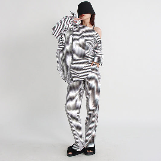 Urban Casual Simple Autumn Irregular Asymmetric Multi Way Shirt Mid Waist Straight Trousers Striped Set