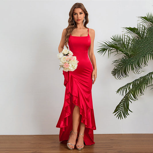 Women Autumn Slit Sexy Spaghetti Strap Ruffle Dress