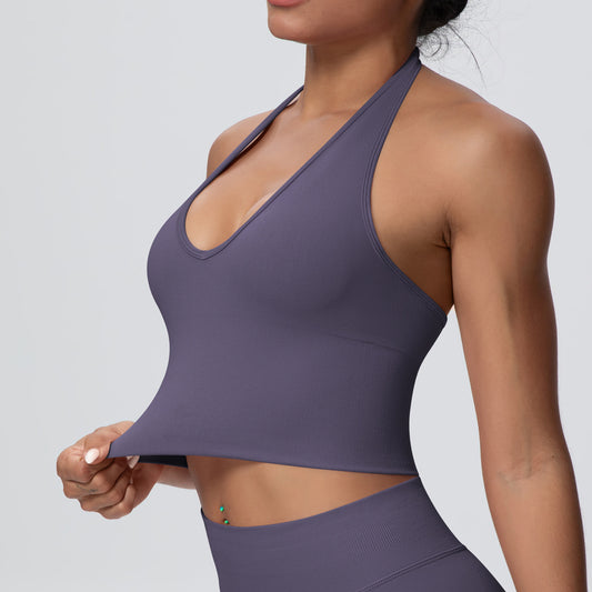 Solid Color Sports Back Shaping High Strength Poly Vest Breathable Waist Trimming Knitted Halter Bra Fitness Clothes Yoga Clothes - Wanita Store