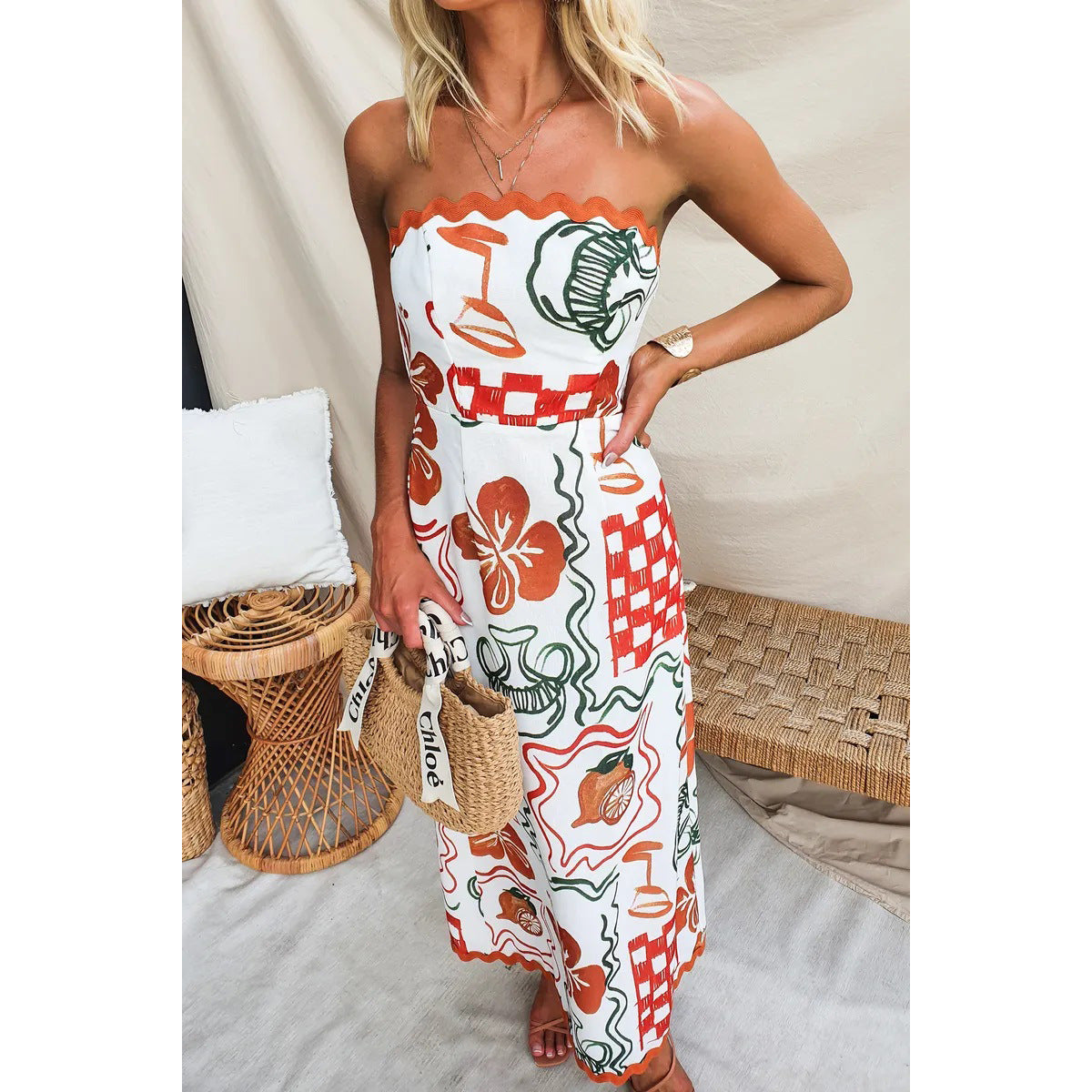 Spring Summer Chest Wrapped Pleated Casual Dress Vacation Loose Women Wear Dress