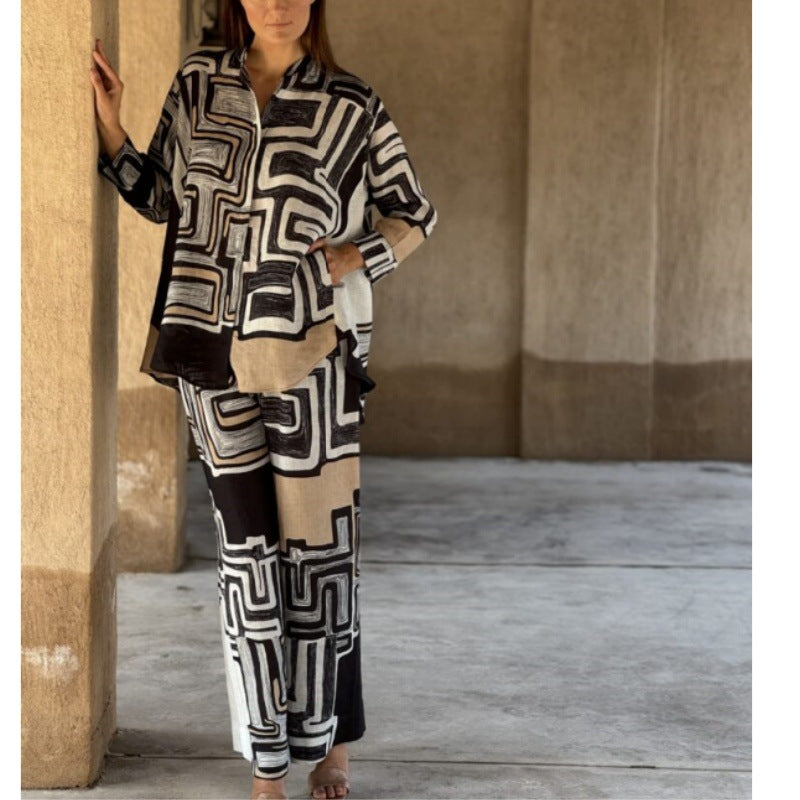 Women Clothing Cotton Linen Multi Color Printed Long Sleeve Casual Straight Pants Two Piece Set
