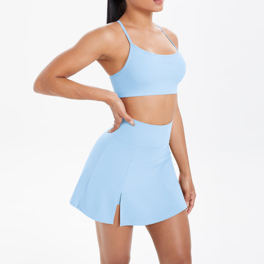 Yoga Wear Sexy Beauty Back Strap Sports Bra High Waist Breathable Tennis Skirt Tight Culottes Fitness Set