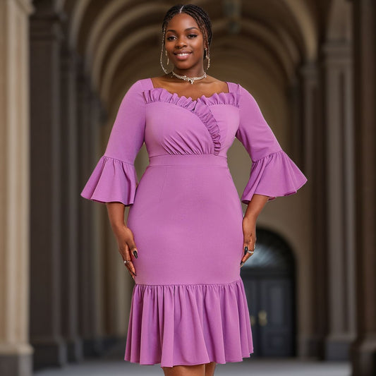 Purple Square Collar Flared Fishtail with Wooden Ears Elegant V Back Dresses