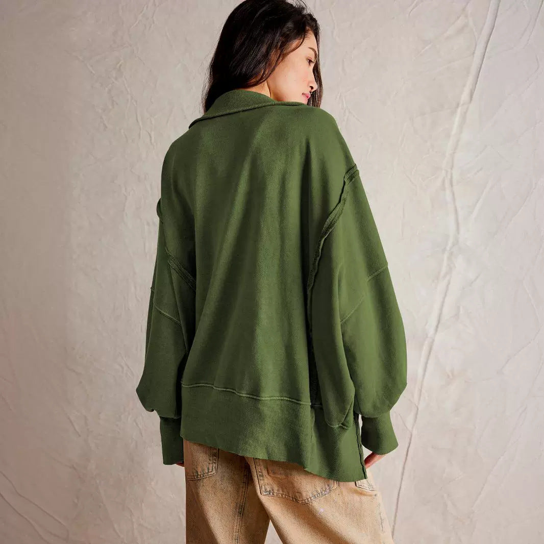 Decorative Moulding Design Blouse Split Lantern Sleeve Polo Collar Sweatshirt Coat for Women Spring Autumn