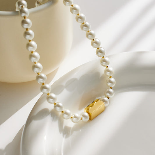 Japanese Korean Simple Vintage Pearl Clavicle Chain Vacuum Vapor Plating 18K Gold Simple All Match Pearl Necklace Ornament Accessories - Wanita Store