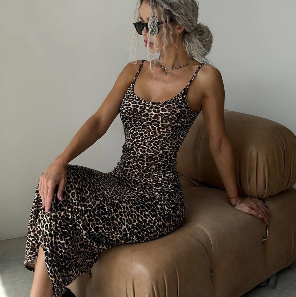 Women Clothing Sexy Sling Dress Tight Waist Sheath Dress Slimming Printed Dress Backless
