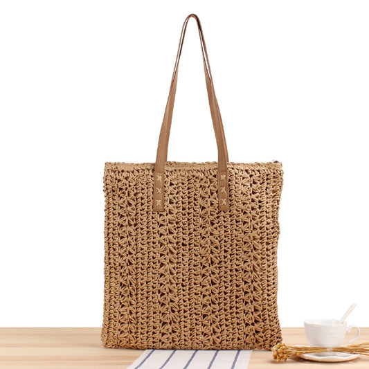 Solid Color Paper String Hand-Woven Bag Mori Hand Carrying Seaside Holiday Square Straw Bag Women Bag