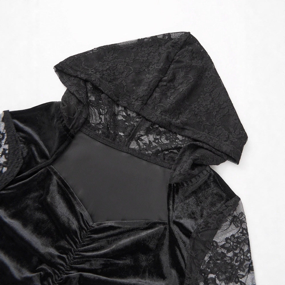 Gothic Vintage Lace Stitching Women Dress Gothic Bandage Ladies Long Sleeve Velvet Dress