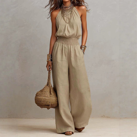 Mono bohemio con cuello halter, cintura fruncida, sin espalda, pernera ancha, para vacaciones