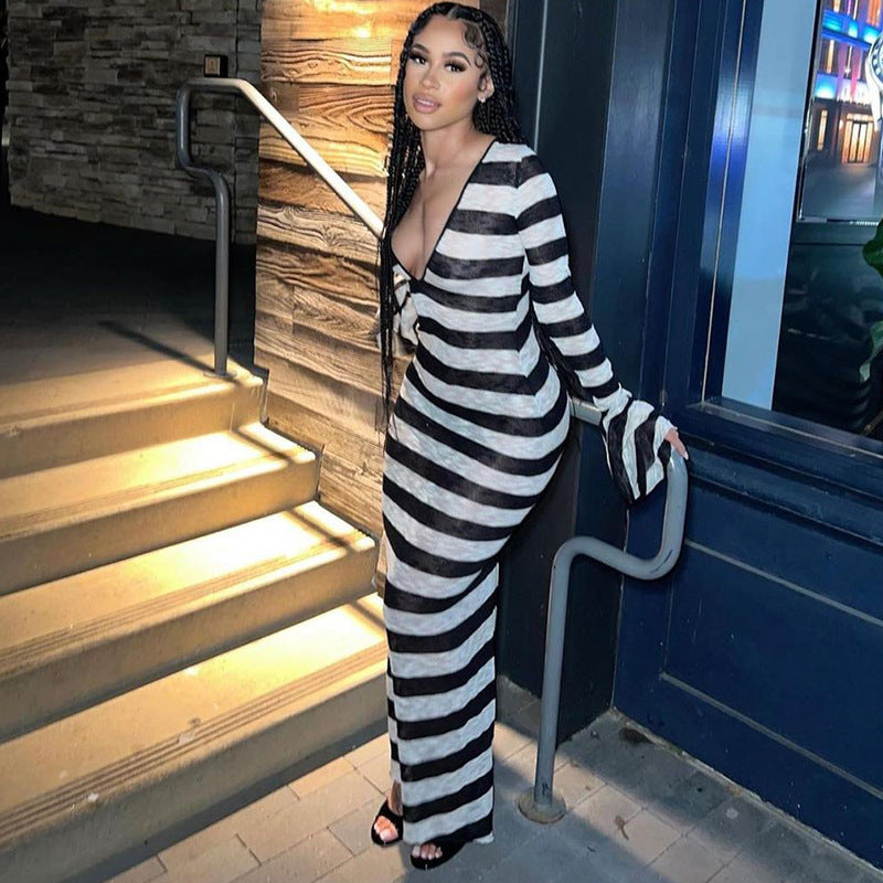 Women Summer Sexy Long Sleeve Striped Printed Dress