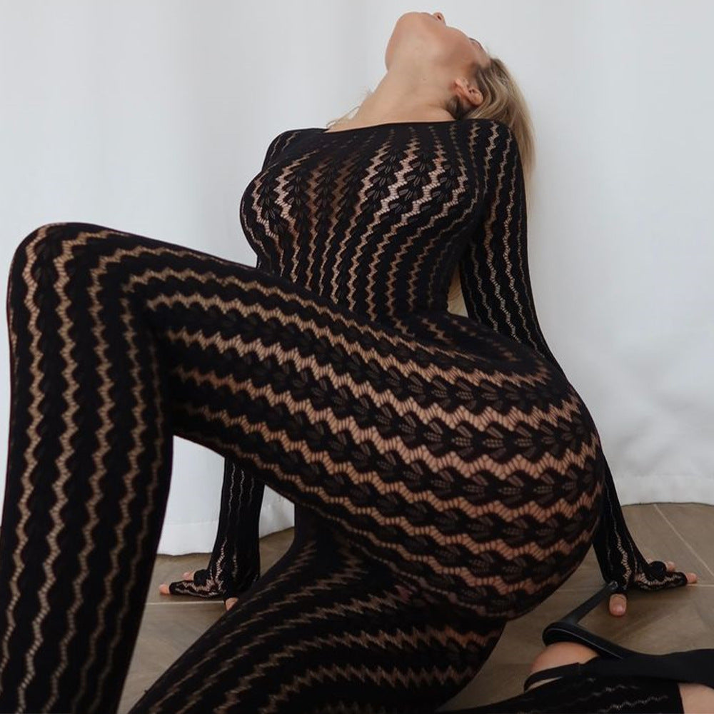 Sexy See through Summer Perspective Jumpsuit Seamless Striped Jacquard One Piece Long Sleeves One Piece Trousers