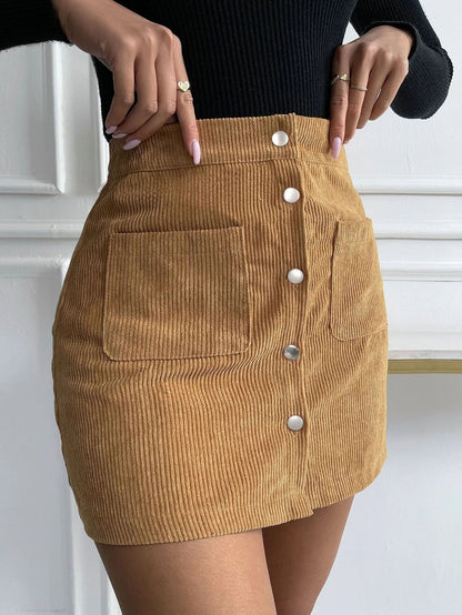 Autumn Winter Corduroy Hip Skirt Single Breasted Slim Fit Solid Skirt Women Clothing - Wanita Store