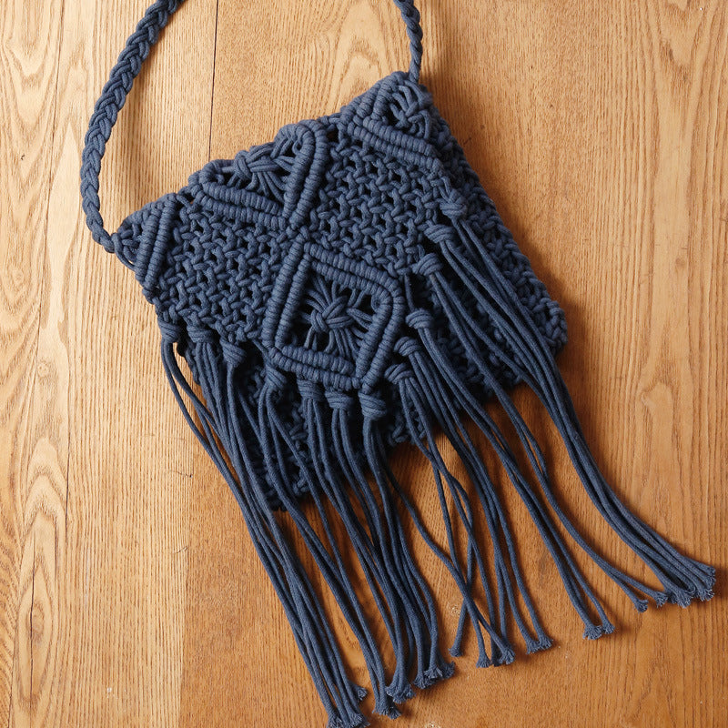 Simple Tassel Crossbody Straw Bag Korean Retro Shoulder Cotton Thread Woven Bag Summer Beach Bag