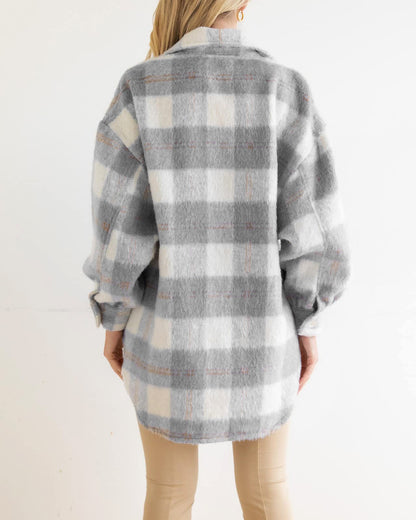Autumn Winter Women Plaid Mohair Coat Woolen Thick Coat - Wanita Store