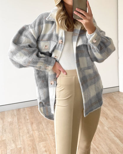 Autumn Winter Women Plaid Mohair Coat Woolen Thick Coat - Wanita Store