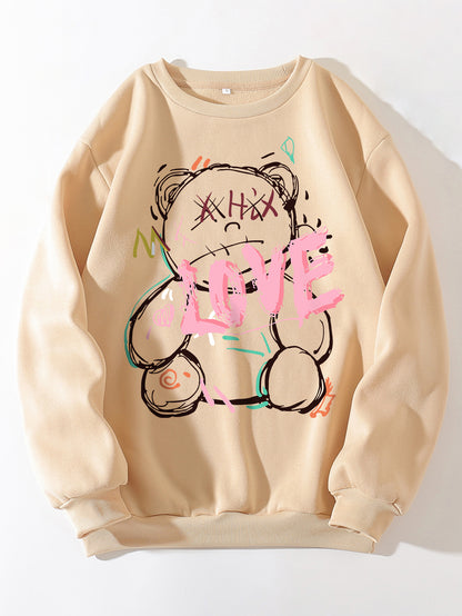 Spring Autumn High End Thin round Neck Skin Color Fleece Trendy Cartoon Cartoon Korean Urban Casual Pullover Women - Wanita Store